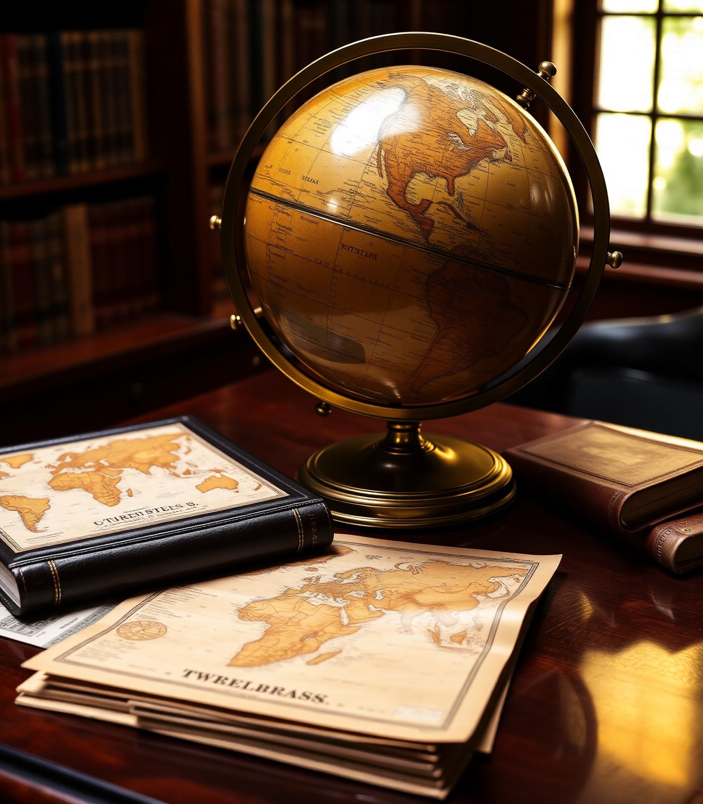Antique globe and shipping atlas evoking international export heritage
